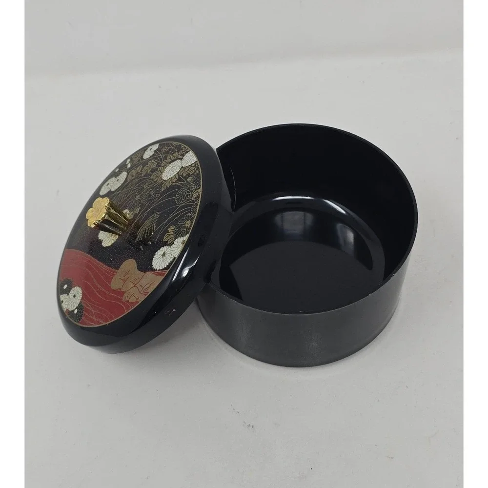 Vtg Japanese Maki-e Lacquer trinket box black round lidded floral